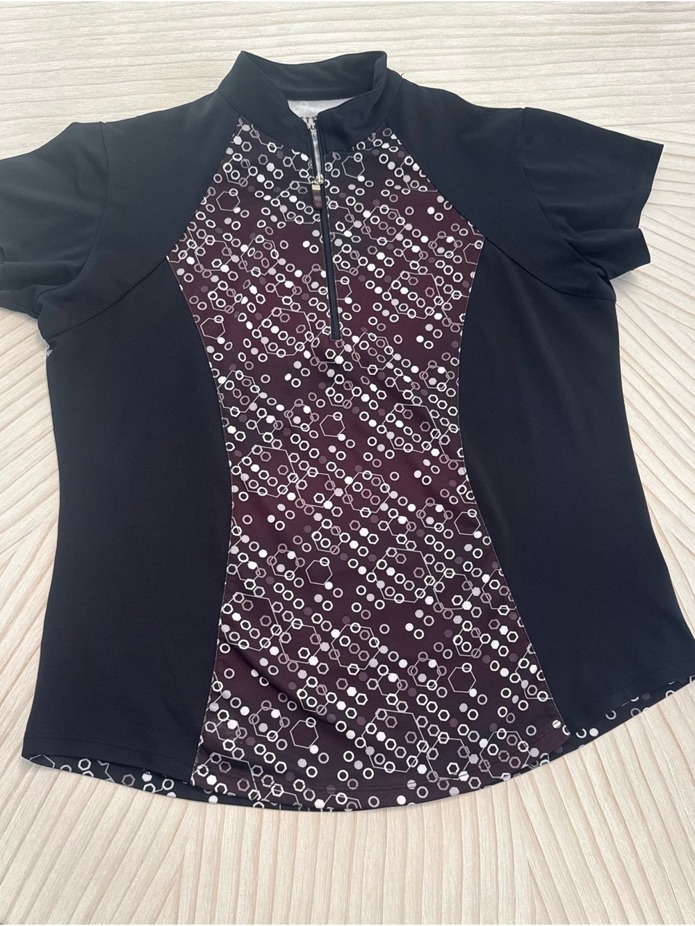 Women's Black Short-Sleeve Top with Patterned Front Panel and Zip